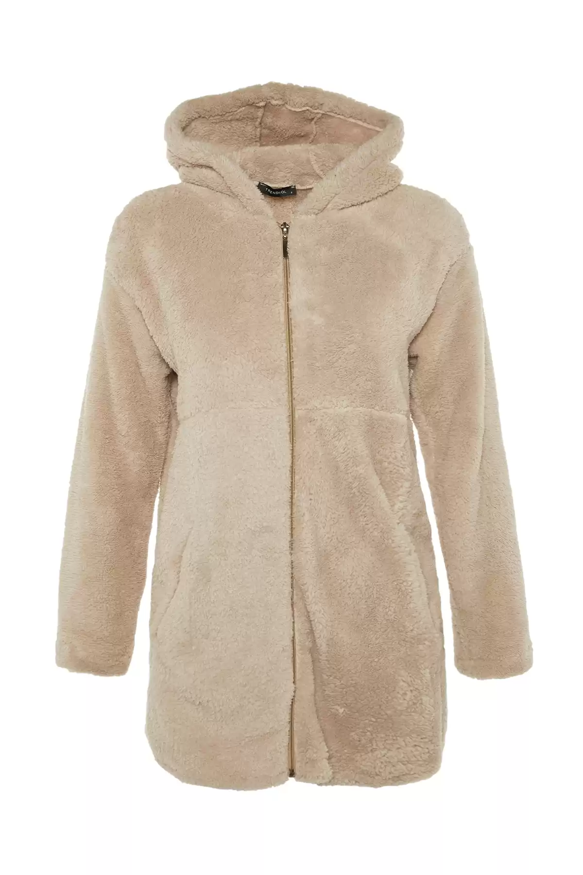 مانتو مخمل دار سنگی TCTAW23MT00018 برند   TRENDYOL MODEST به رنگ  رنگ بژ مدل  زمستانی