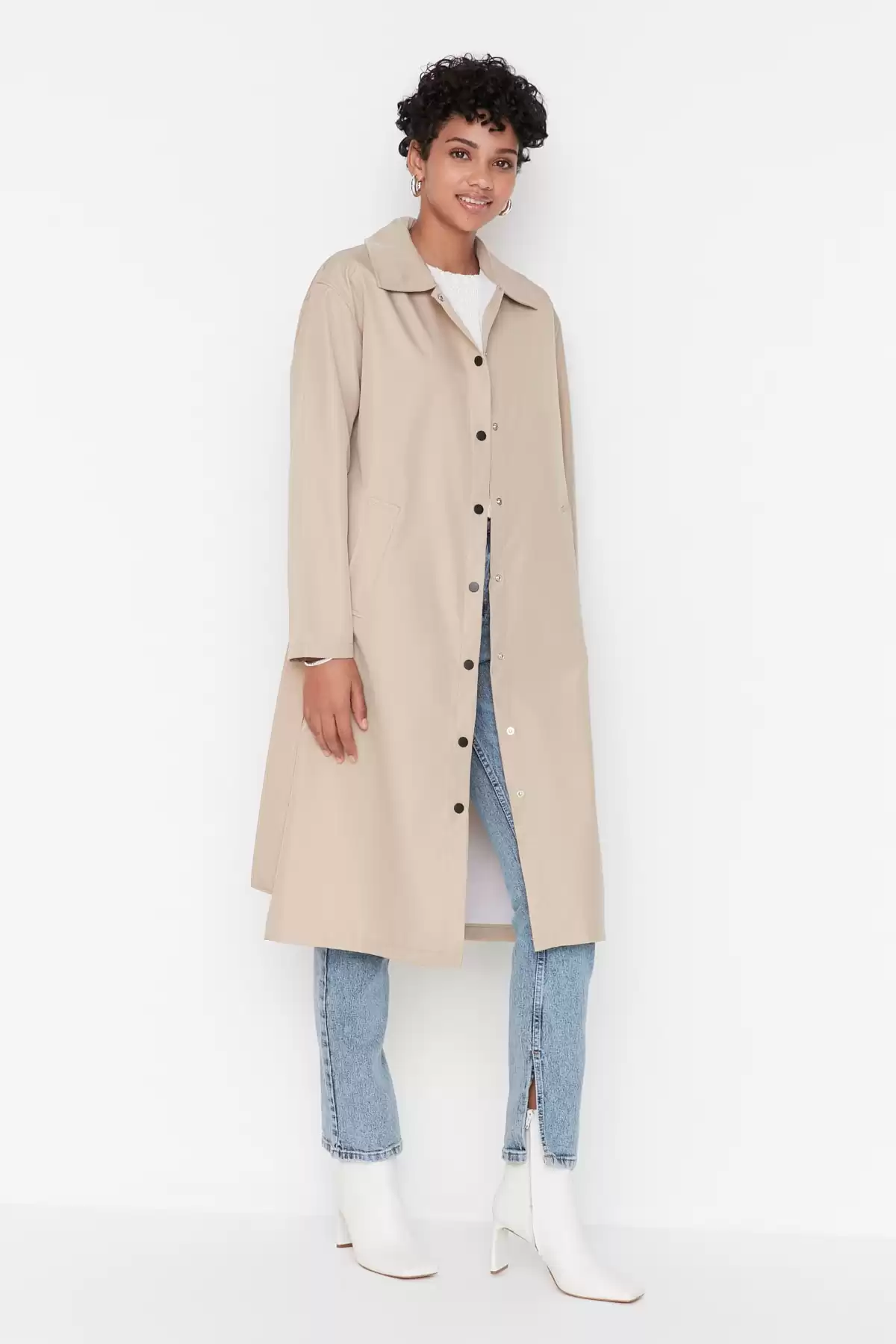 کت کمربند کمربند دکمه دار شتری باز TCTAW23CL00000 برند   TRENDYOL MODEST به رنگ  رنگ قهوه ای مدل  بارانی