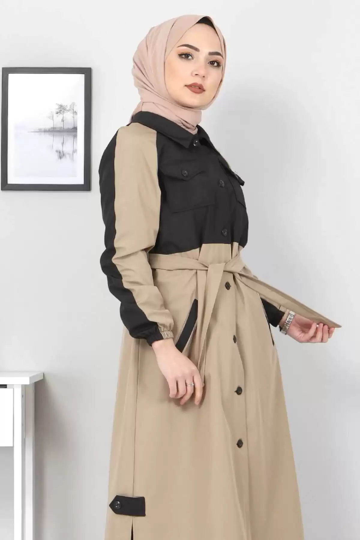 ترنچ کت دو رنگ Tsd0919 Mink برند   Tesettür Dünyası(دنیای حجاب) به رنگ  رنگ قهوه ای مدل  بارانی