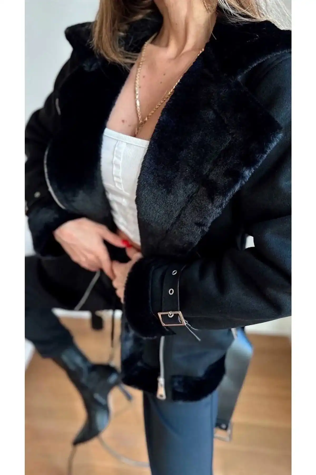 مانتو دوچرخه سواری جیر مشکی زنانه با خز ابریشمی داخل برند   به رنگ  مشکی