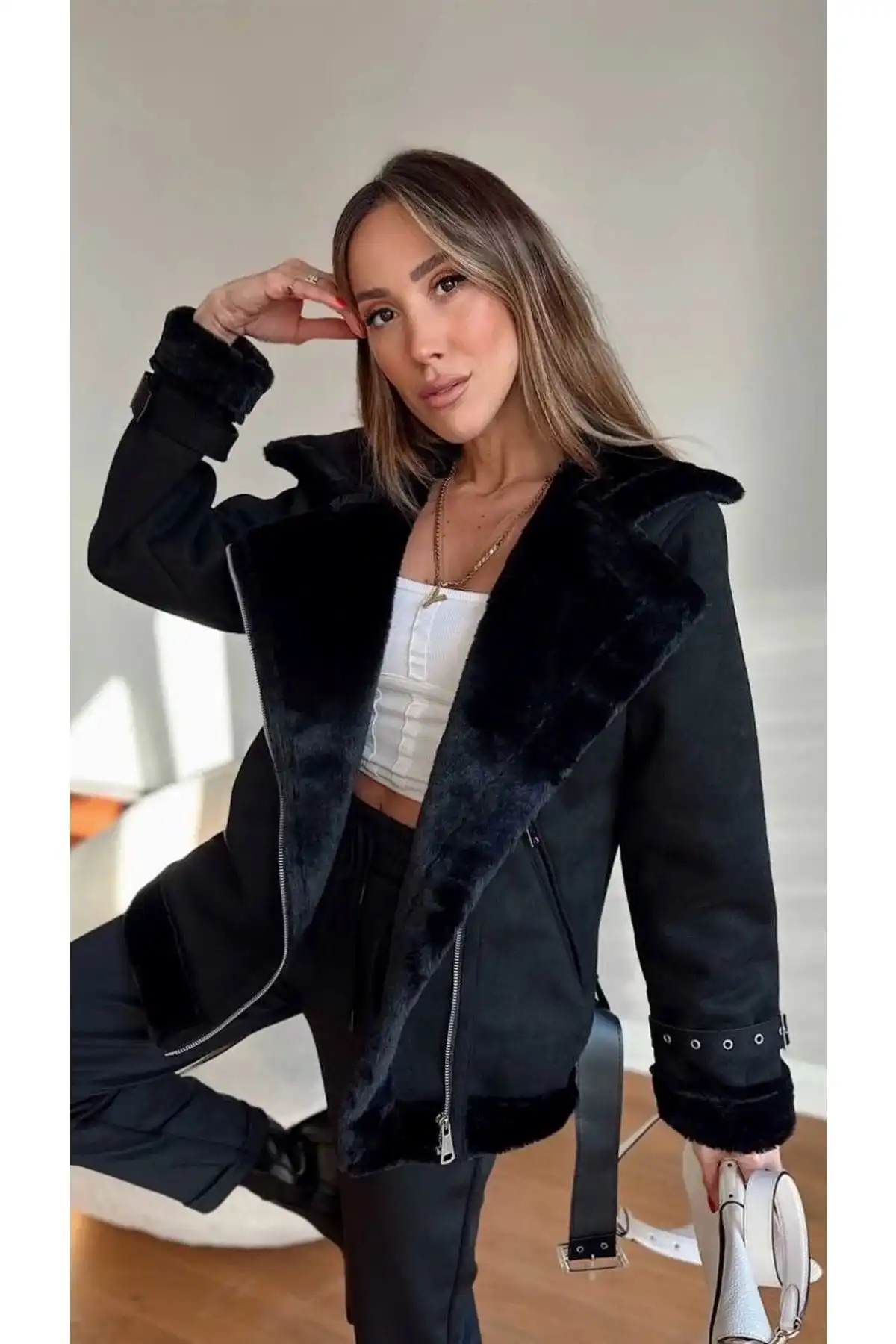 مانتو دوچرخه سواری جیر مشکی زنانه با خز ابریشمی داخل برند   به رنگ  مشکی