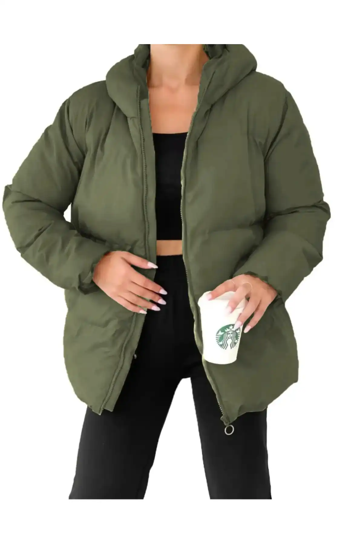 مانتو پفی کلاهدار خاکی زنانه برند   La Mela(لا ملا) به رنگ  خاکی