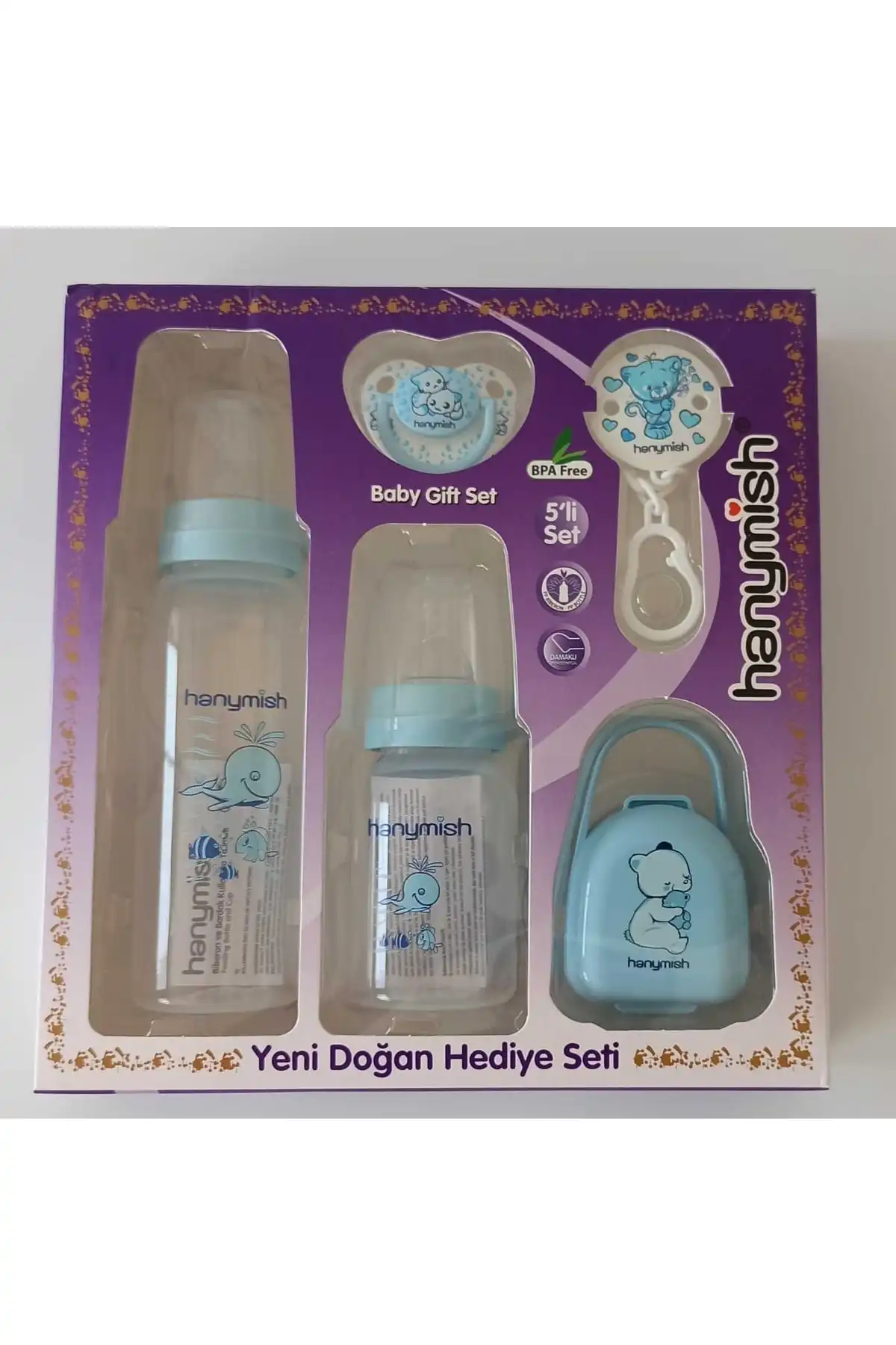 ست هدیه 5 عددی نوزاد برند   Hanymish(هانیمیش) به رنگ   در دسته پستانک