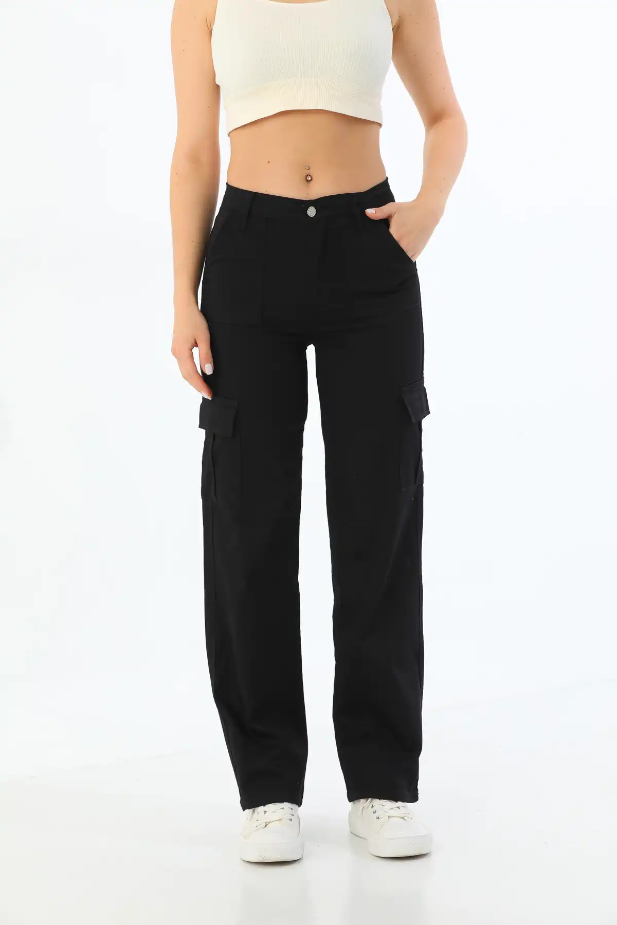 شلوار گشاد کمر بلند لیکرا جیبی مشکی کارگو برند   BİKELİFE ( BIKELIFE )  به رنگ  مشکی