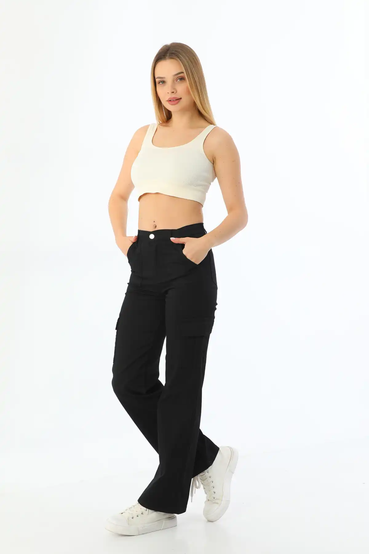 شلوار گشاد کمر بلند لیکرا جیبی مشکی کارگو برند   BİKELİFE ( BIKELIFE )  به رنگ  مشکی