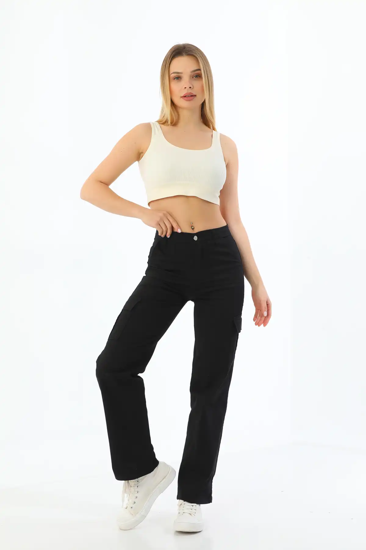 شلوار گشاد کمر بلند لیکرا جیبی مشکی کارگو برند   BİKELİFE ( BIKELIFE )  به رنگ  مشکی