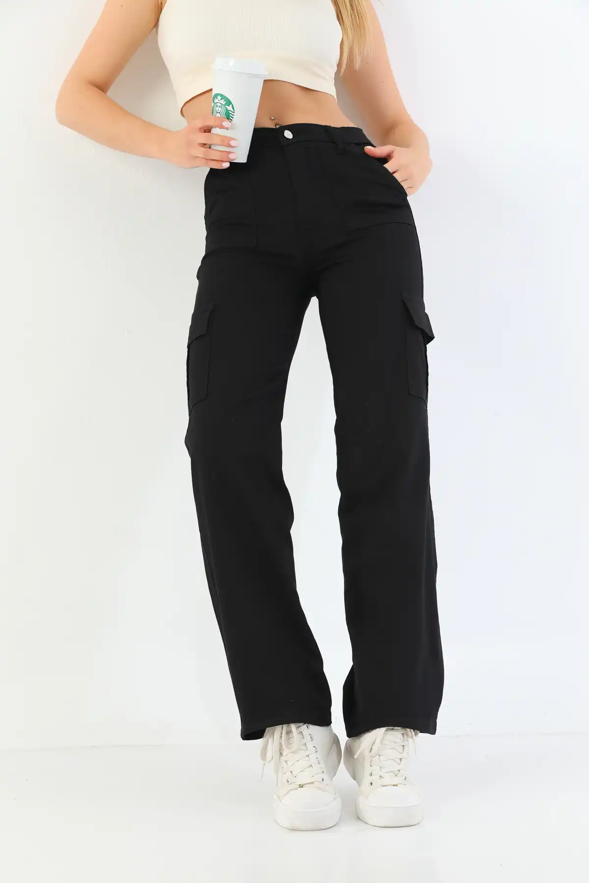 شلوار گشاد کمر بلند لیکرا جیبی مشکی کارگو برند   BİKELİFE ( BIKELIFE )  به رنگ  مشکی