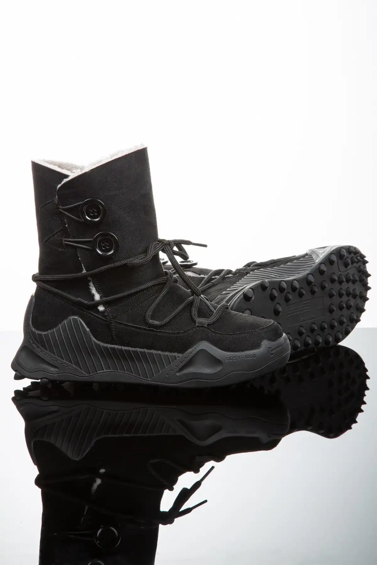 چکمه های برفی زنانه روزانه چکمه های زیره ضخیم با خز در داخل بوتی دکمه دار چرمی Nubuck 501 برند   Nstil ( Nstyle )  به رنگ  مشکی