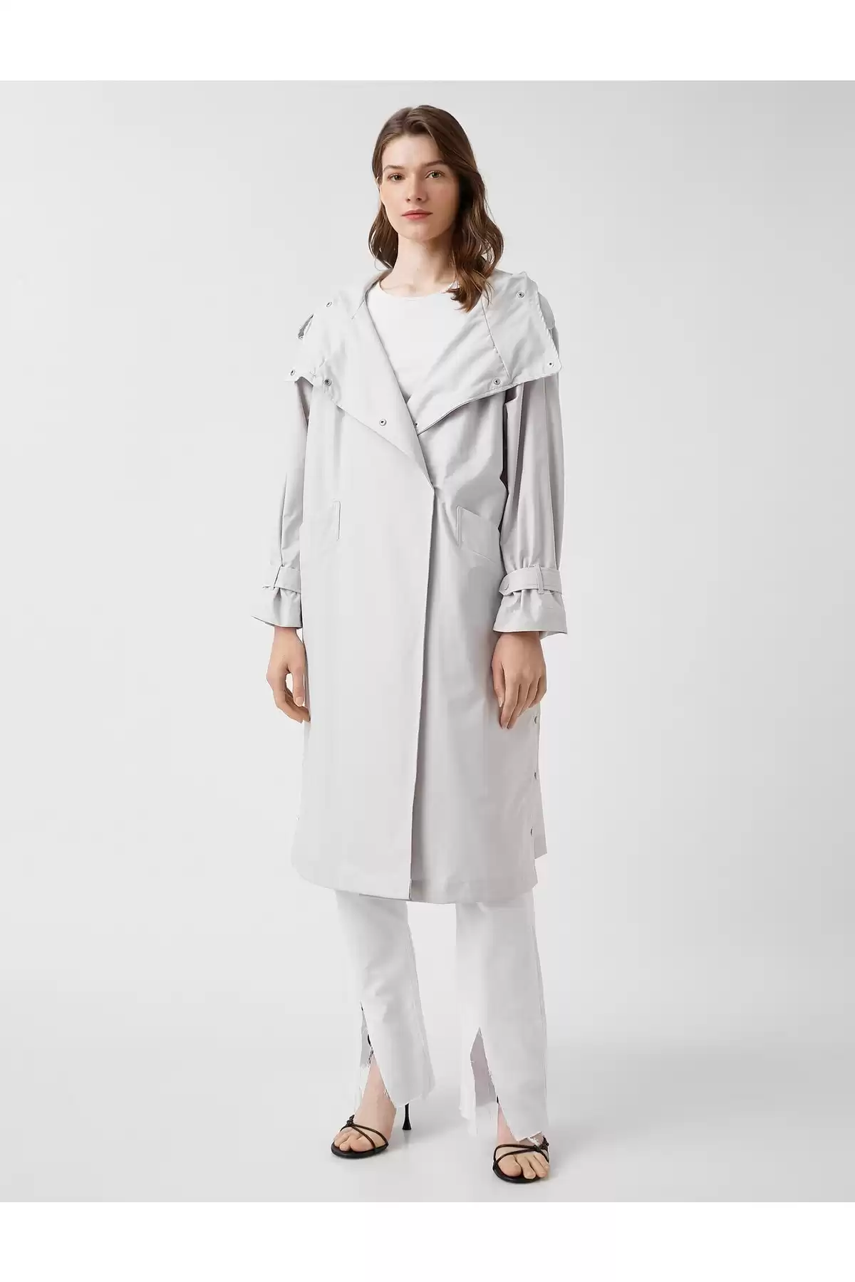کت ترنچ کلاهدار نخی با قیمت جیبی، نظرات - TRENDYOL برند   TRENDYOL MODEST به رنگ  خاکستری مدل  ترنچ کت