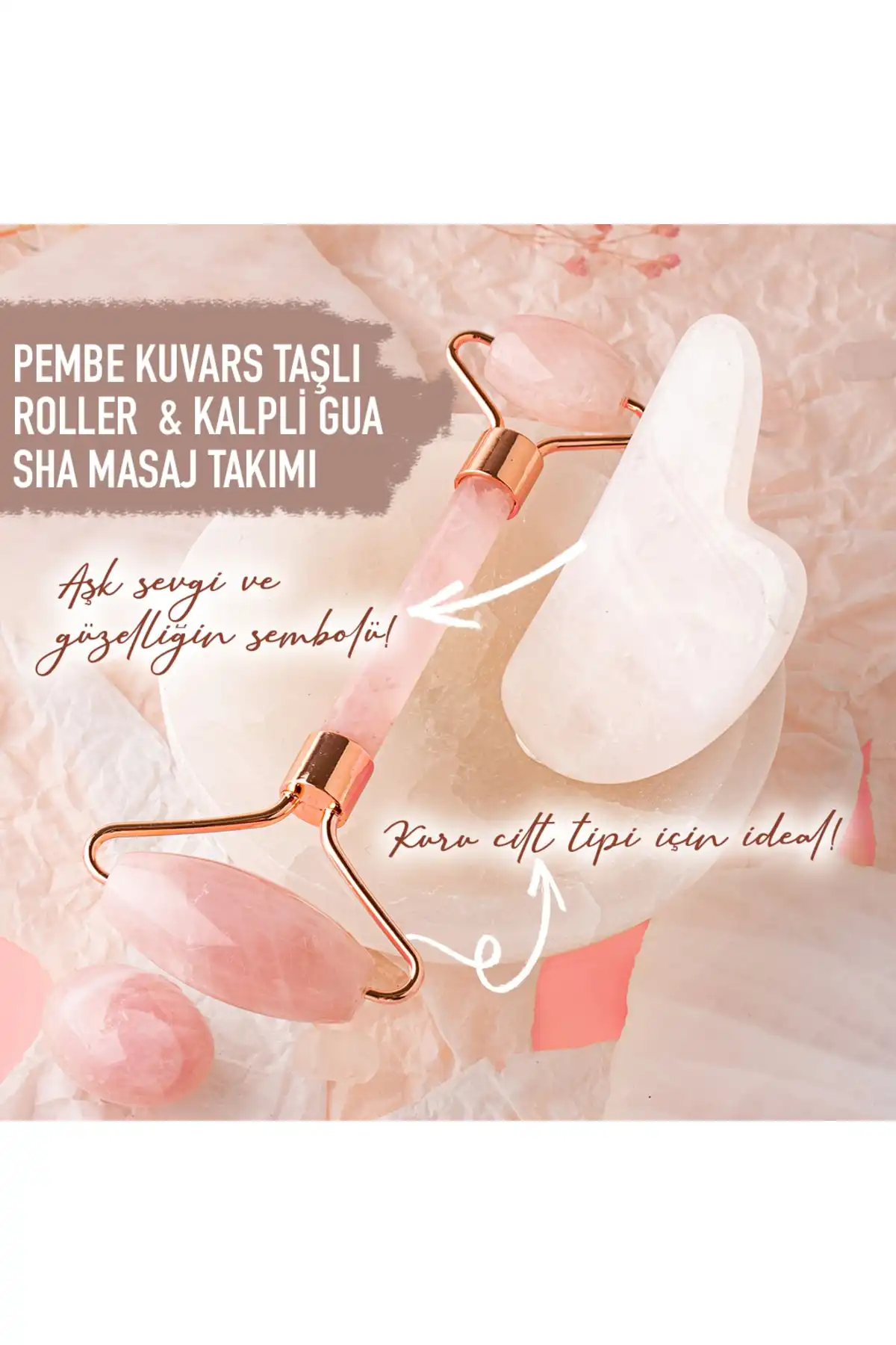 ست ماساژ غلتکی سنگ طبیعی رز کوارتز و Heart Gua Sha برند   OSMANLI DOĞAL TAŞ(سنگ طبیعی عثمانی) به رنگ   در دسته ست مراقبت از پوست