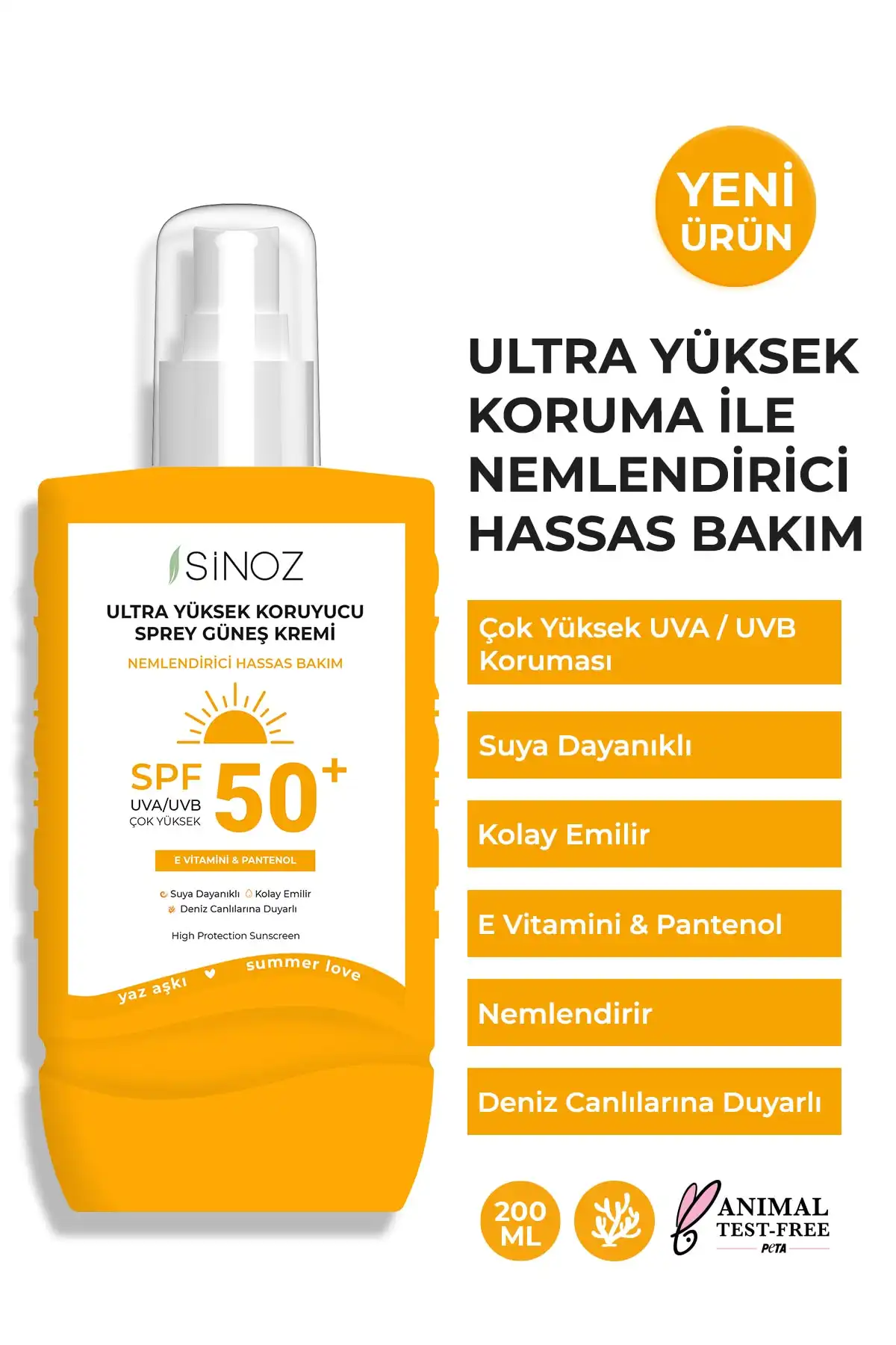 کرم ضد آفتاب بدن با محافظت فوق العاده بالا Spf 50 - کرم مرطوب کننده حساس - اسپری 200 میلی لیتری برند   Sinoz(سینوزیس) به رنگ   در دسته ضد آفتاب