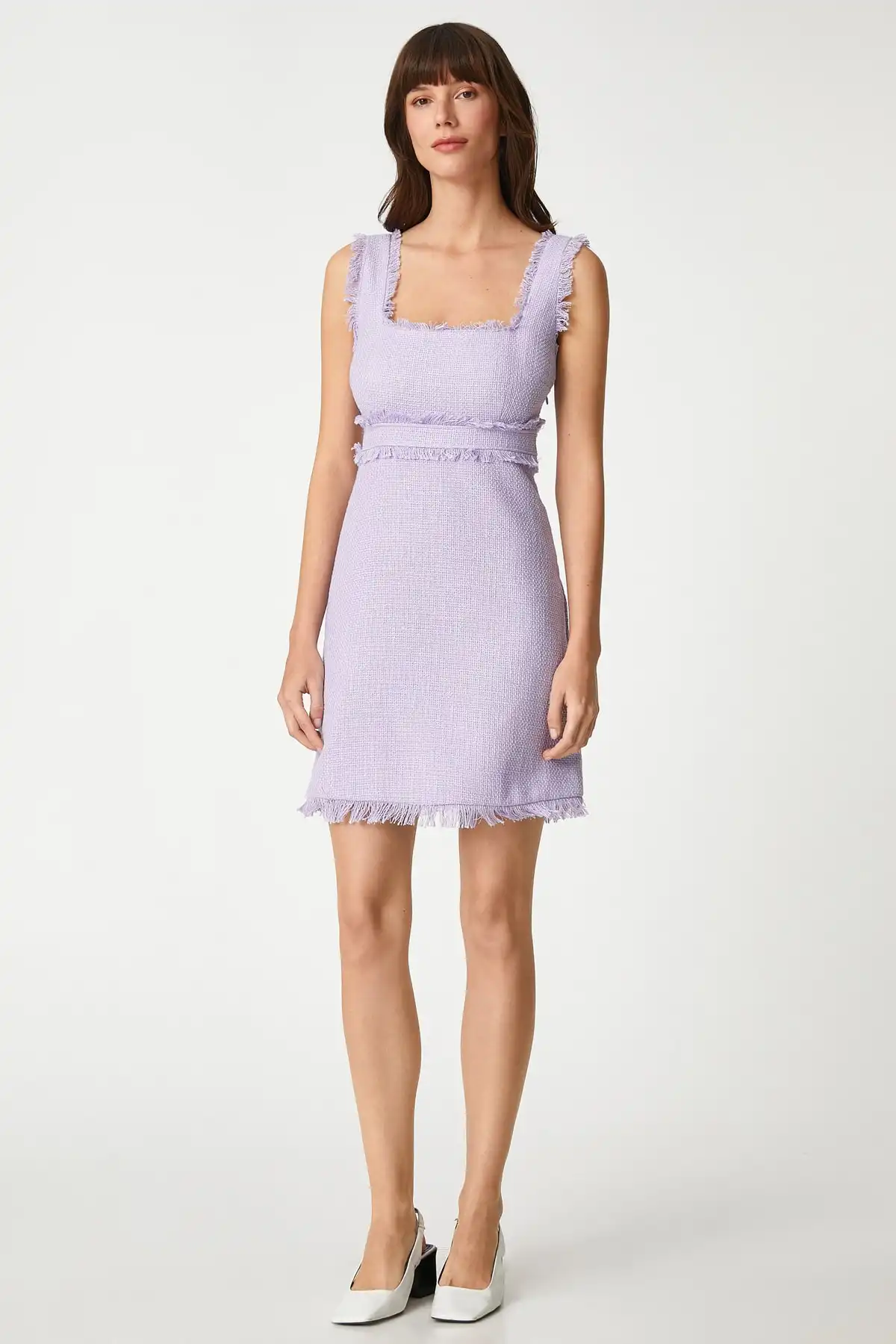 لباس مینی منگوله دار یقه مربعی بدون آستین نخی برند   Koton (کوتون) به رنگ   بنفش در دسته  لباس مجلسی و شومیز