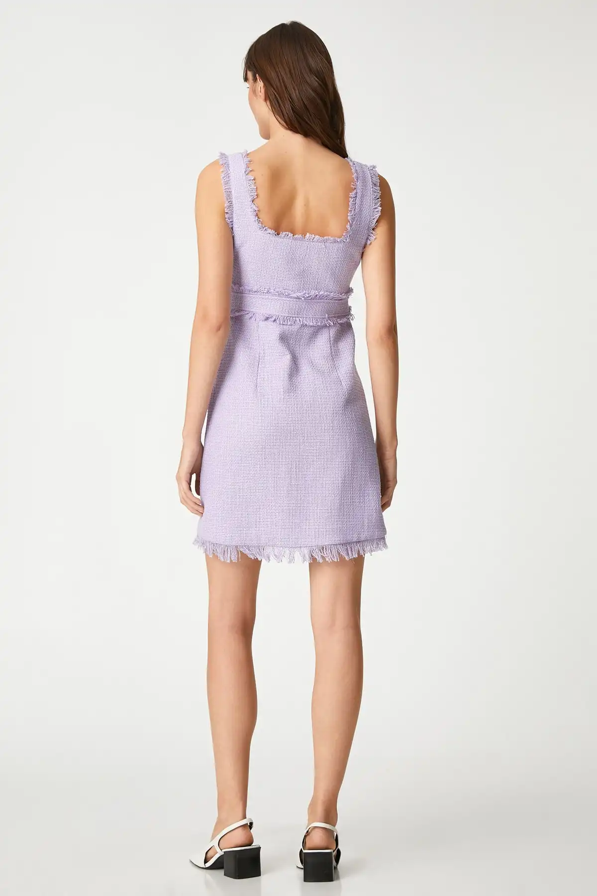 لباس مینی منگوله دار یقه مربعی بدون آستین نخی برند   Koton (کوتون) به رنگ   بنفش در دسته  لباس مجلسی و شومیز