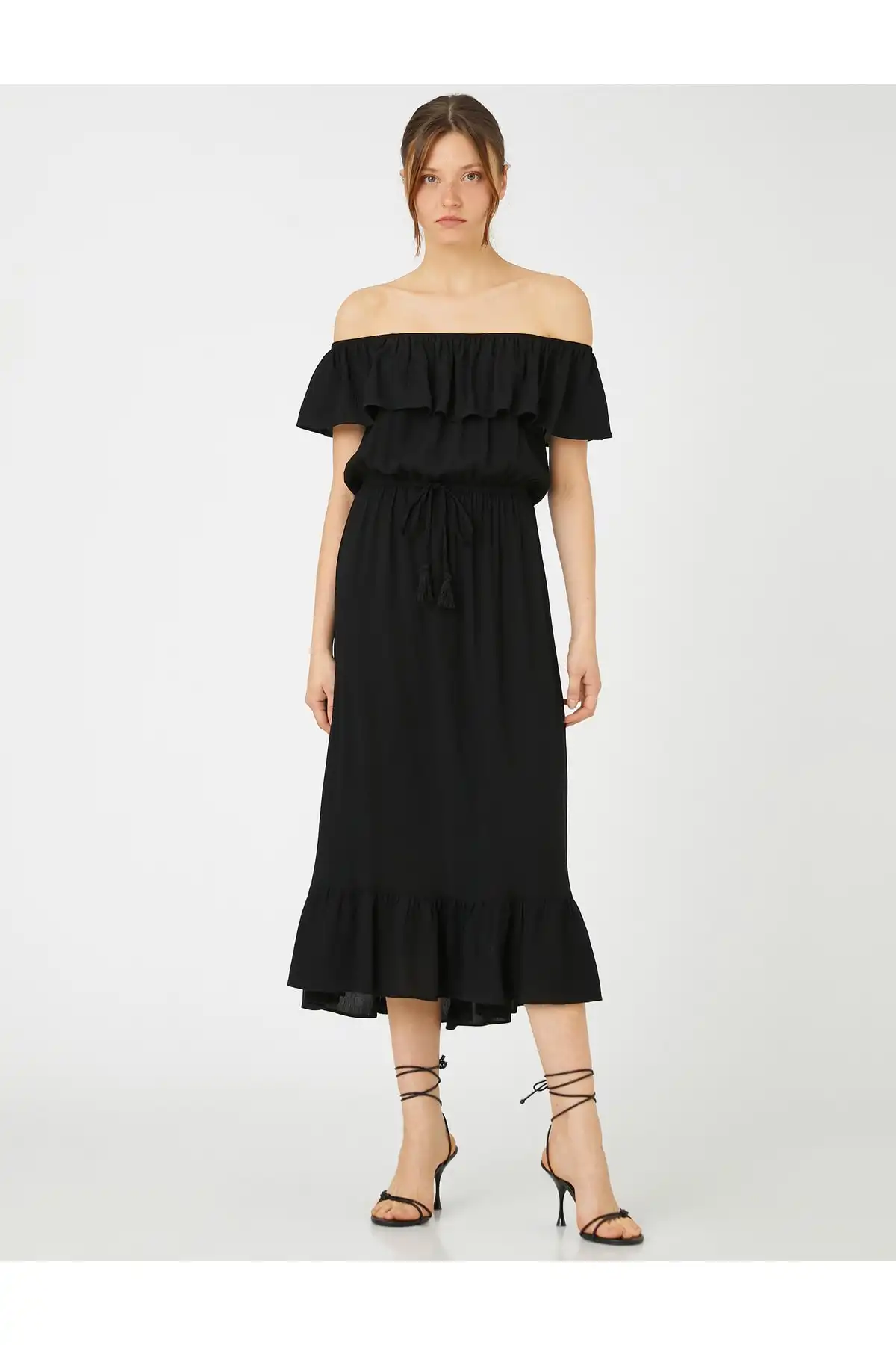 لباس میدی دور کمر کراوات شانه دار برند   Koton (کوتون) به رنگ  مشکی در دسته  لباس مجلسی و شومیز