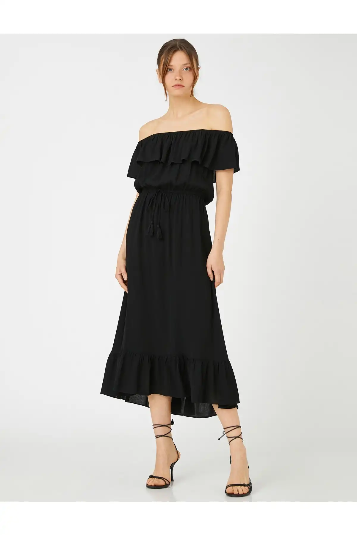 لباس میدی دور کمر کراوات شانه دار برند   Koton (کوتون) به رنگ  مشکی در دسته  لباس مجلسی و شومیز