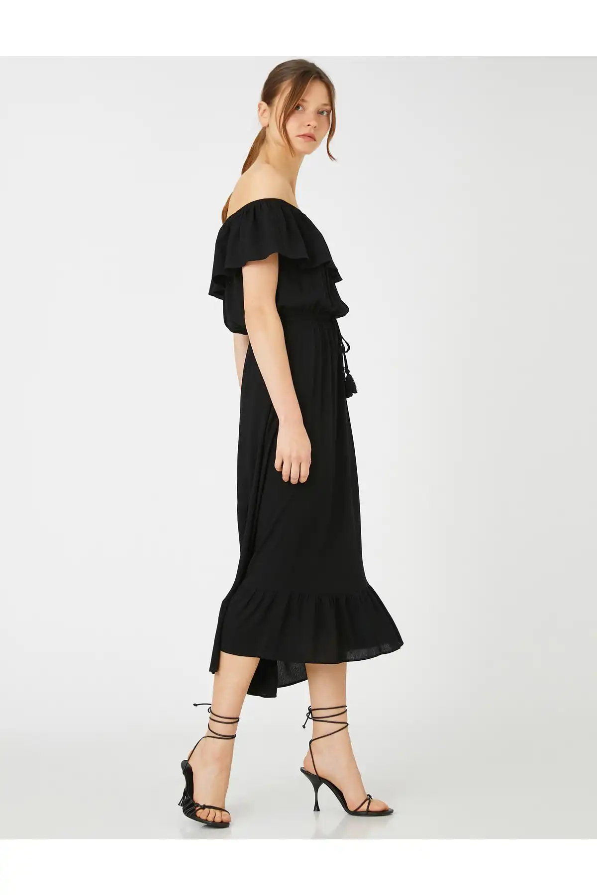 لباس میدی دور کمر کراوات شانه دار برند   Koton (کوتون) به رنگ  مشکی در دسته  لباس مجلسی و شومیز