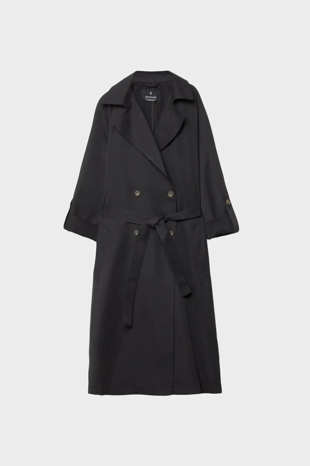 کت ترنچ بلند روان برند   Stradivarius به رنگ  مشکی مدل  ترنچ کت