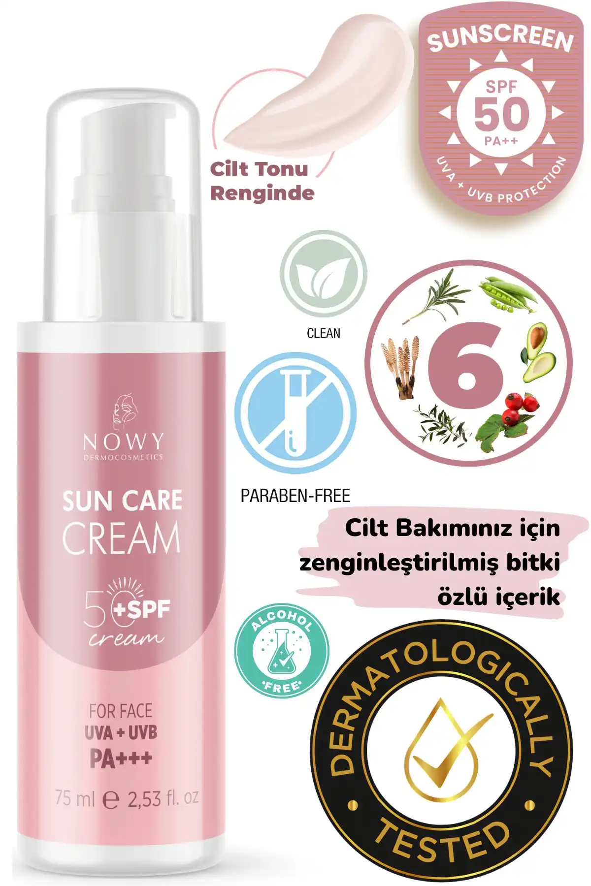Spf+50 Uvb-uva Pink Touch (صورتی) کرم ضد آفتاب صورت با محافظ بالا ضد لک (آربوتین) 75 میلی لیتر برند   nowy(حالا) به رنگ   در دسته ضد آفتاب