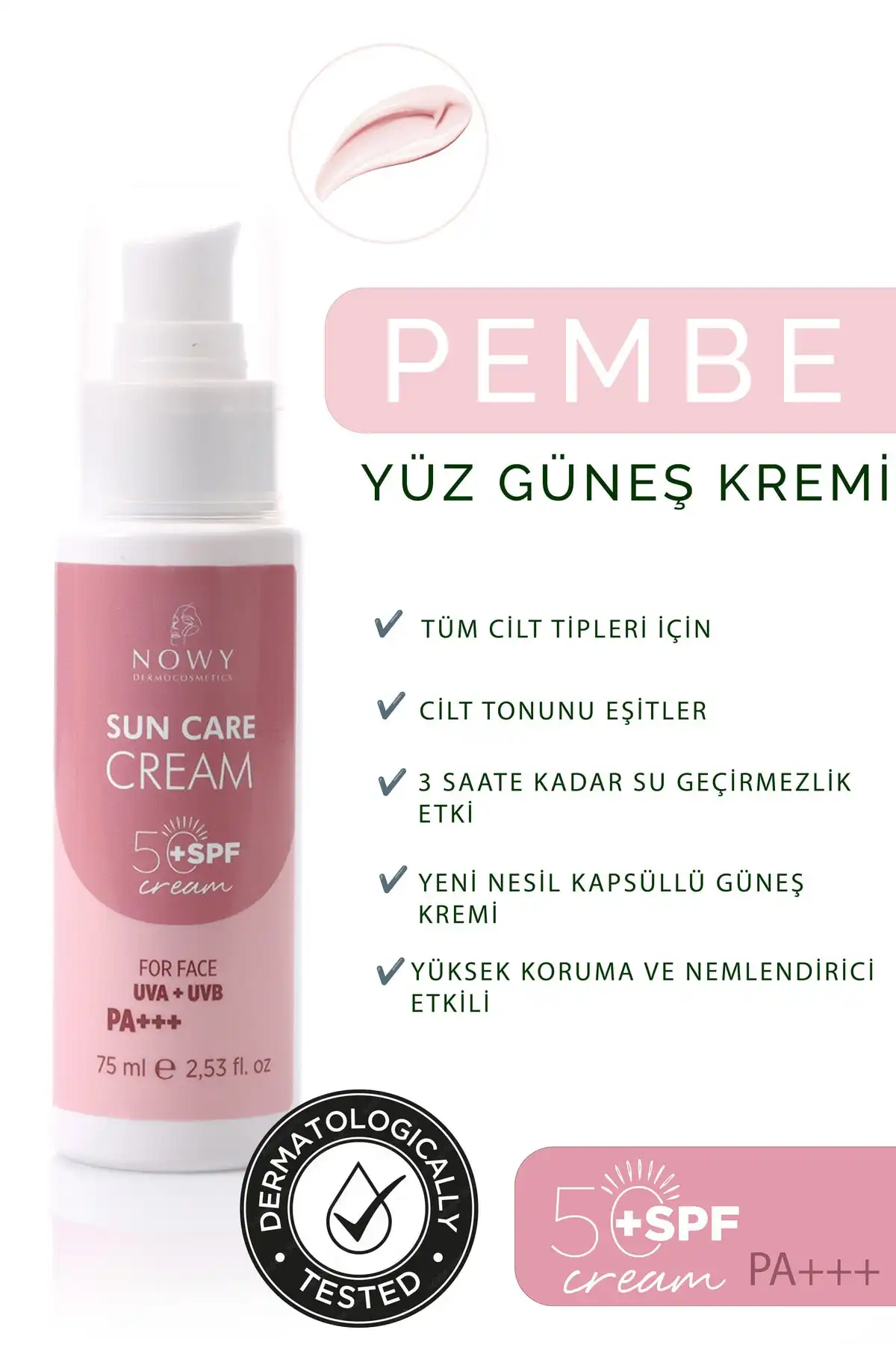 Spf+50 Uvb-uva Pink Touch (صورتی) کرم ضد آفتاب صورت با محافظ بالا ضد لک (آربوتین) 75 میلی لیتر برند   nowy(حالا) به رنگ   در دسته ضد آفتاب