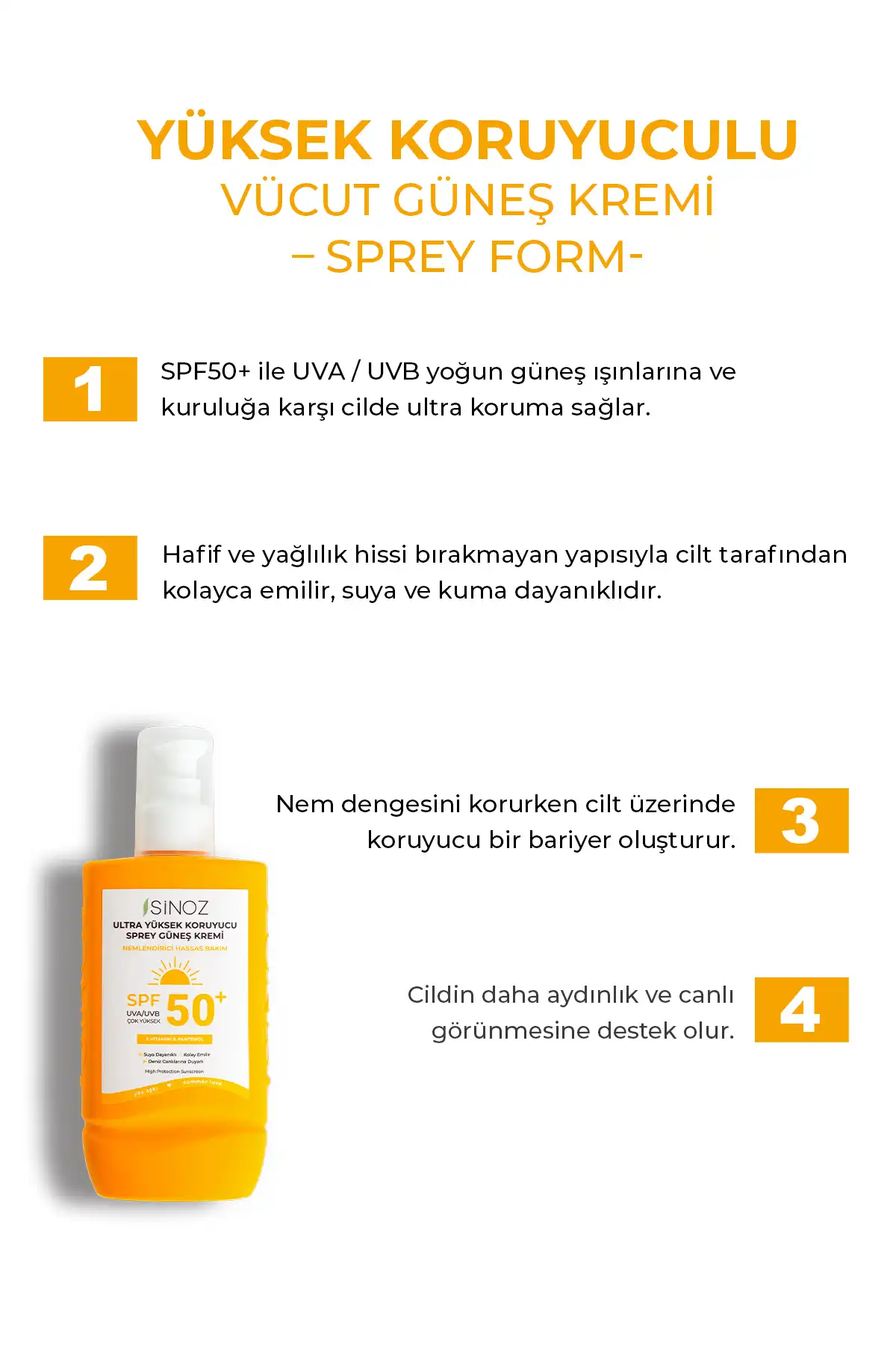 کرم ضد آفتاب بدن با محافظت فوق العاده بالا Spf 50 - کرم مرطوب کننده حساس - اسپری 200 میلی لیتری برند   Sinoz(سینوزیس) به رنگ   در دسته ضد آفتاب