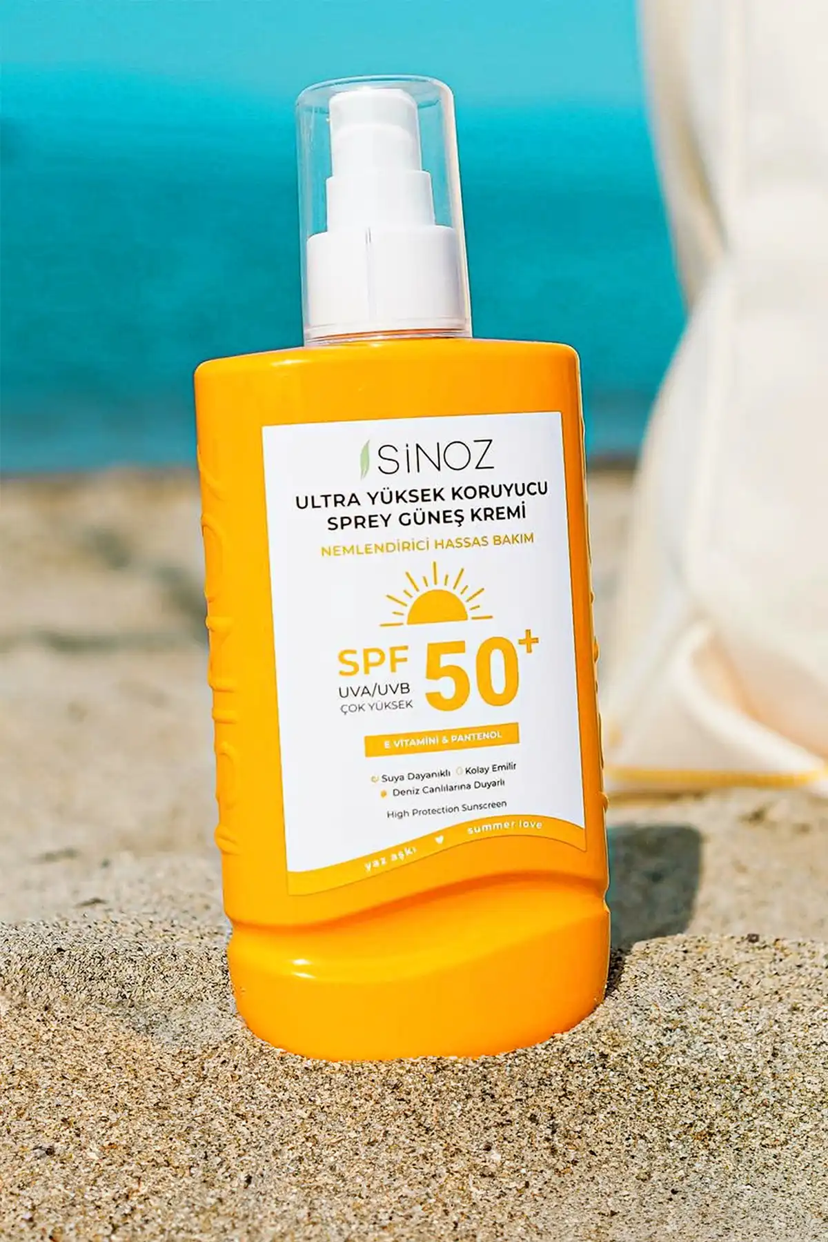 کرم ضد آفتاب بدن با محافظت فوق العاده بالا Spf 50 - کرم مرطوب کننده حساس - اسپری 200 میلی لیتری برند   Sinoz(سینوزیس) به رنگ   در دسته ضد آفتاب