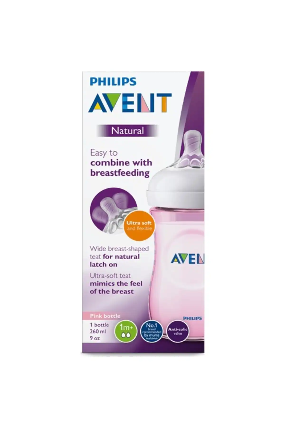 شیشه شیر نوزاد Avent Natural PP صورتی 260 میلی لیتری 1 ماهه برند   Philips Avent(فیلیپس اونت) به رنگ   در دسته پستانک