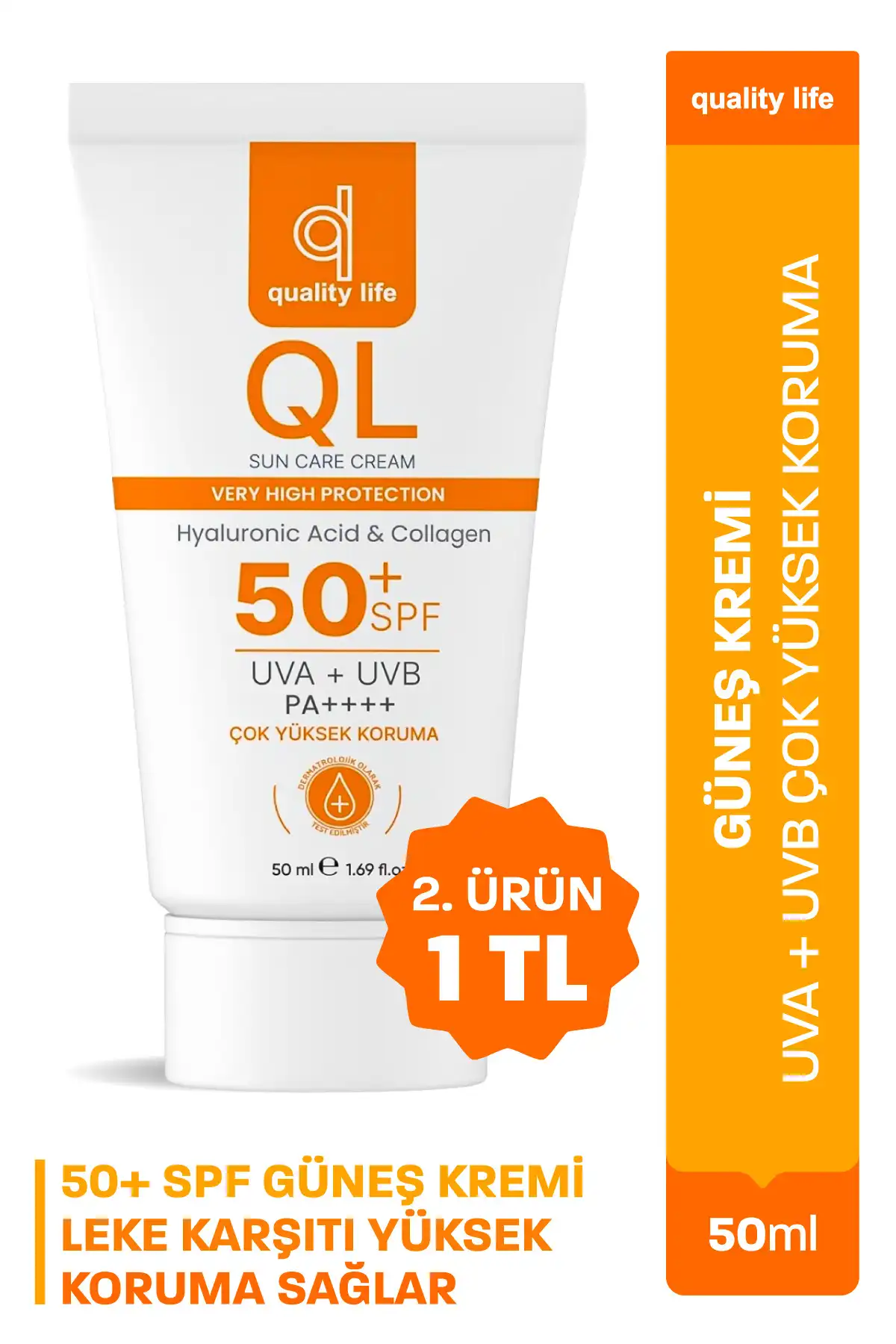 کرم ضد آفتاب صورت Ql 50+ Spf هیالورونیک اسید و کلاژن 50 میلی لیتر Uva + Uvb محافظت بسیار بالا برند   Quality Life(زندگی با کیفیت) به رنگ   در دسته ضد آفتاب