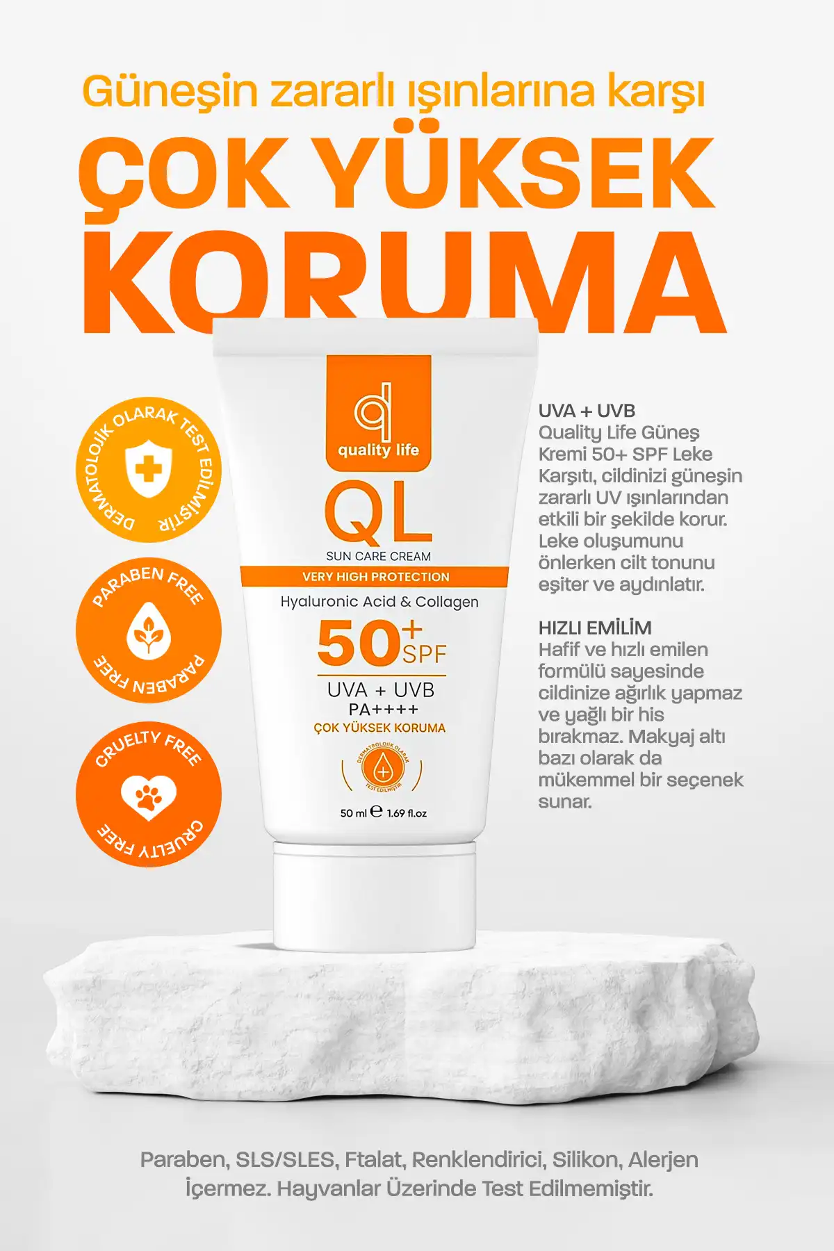 کرم ضد آفتاب صورت Ql 50+ Spf هیالورونیک اسید و کلاژن 50 میلی لیتر Uva + Uvb محافظت بسیار بالا برند   Quality Life(زندگی با کیفیت) به رنگ   در دسته ضد آفتاب
