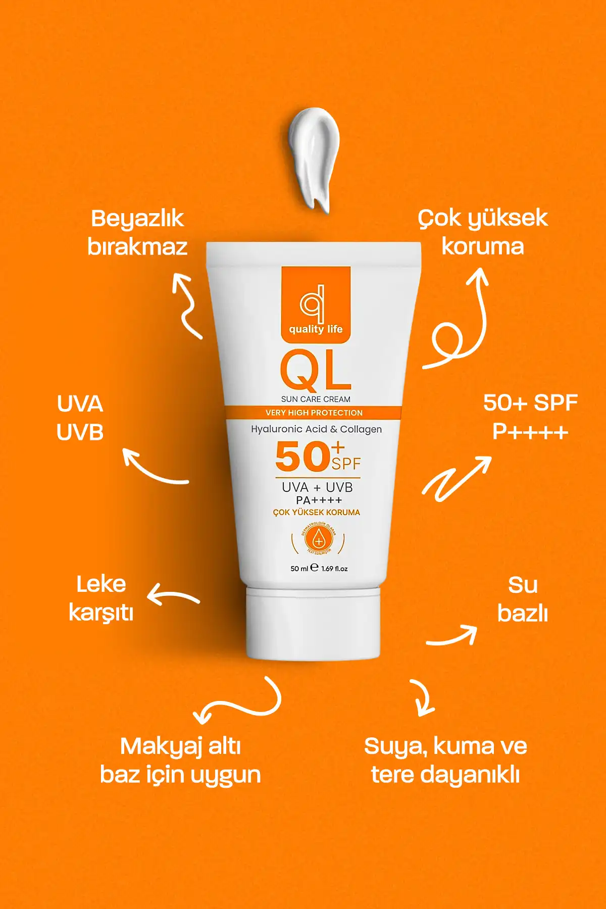 کرم ضد آفتاب صورت Ql 50+ Spf هیالورونیک اسید و کلاژن 50 میلی لیتر Uva + Uvb محافظت بسیار بالا برند   Quality Life(زندگی با کیفیت) به رنگ   در دسته ضد آفتاب