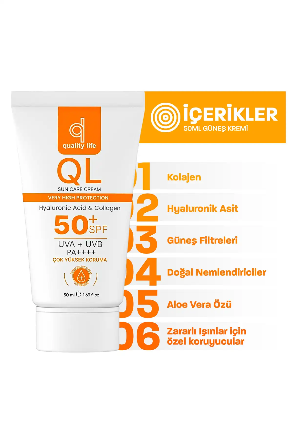 کرم ضد آفتاب صورت Ql 50+ Spf هیالورونیک اسید و کلاژن 50 میلی لیتر Uva + Uvb محافظت بسیار بالا برند   Quality Life(زندگی با کیفیت) به رنگ   در دسته ضد آفتاب