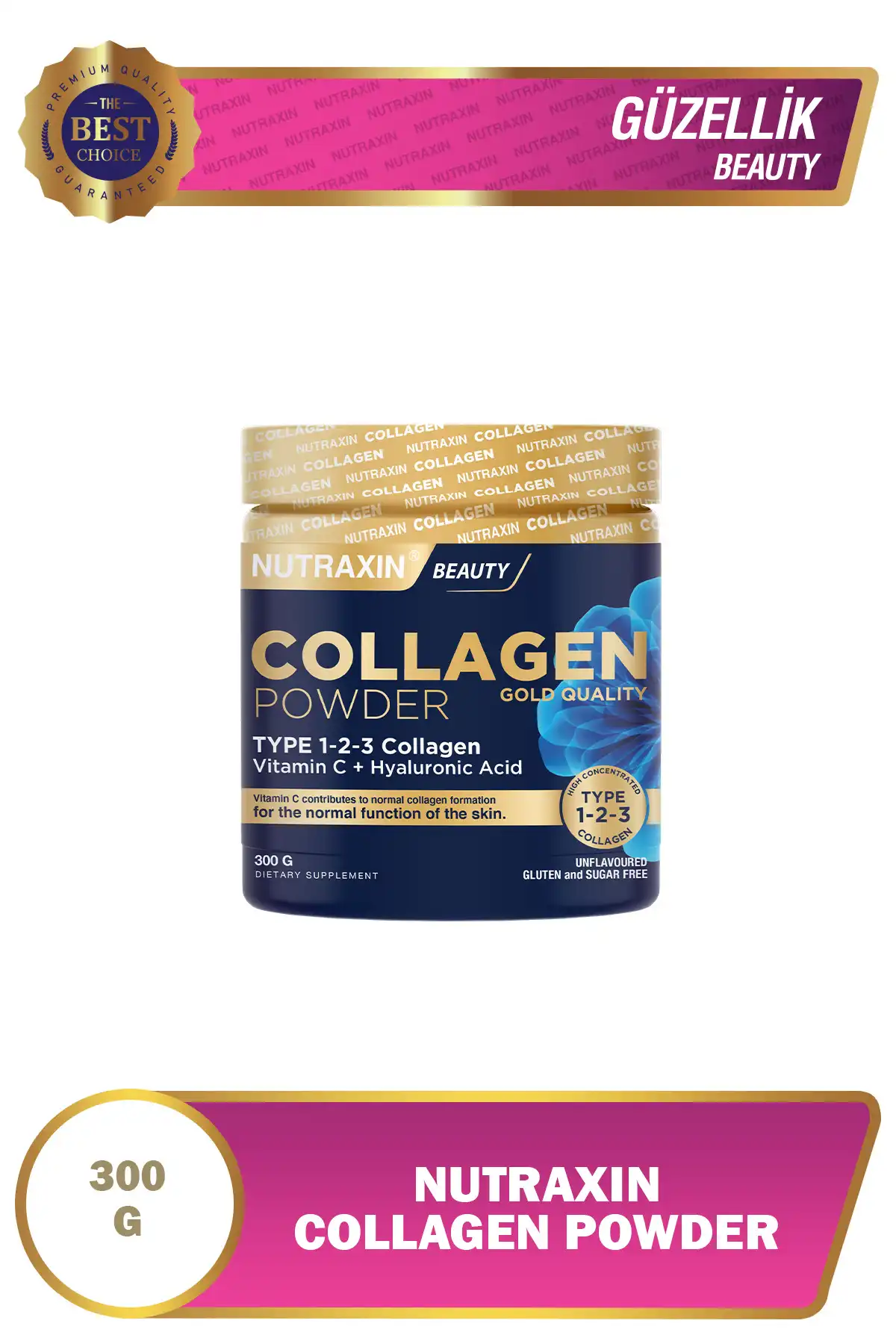 Nutraxin Beauty Collagen Powder Powder 300 Gr - نوع 1،2،3 کلاژن ، ویتامین C ، اسید هیالورونیک برند   Nutraxin ( نوتراکسین ) 