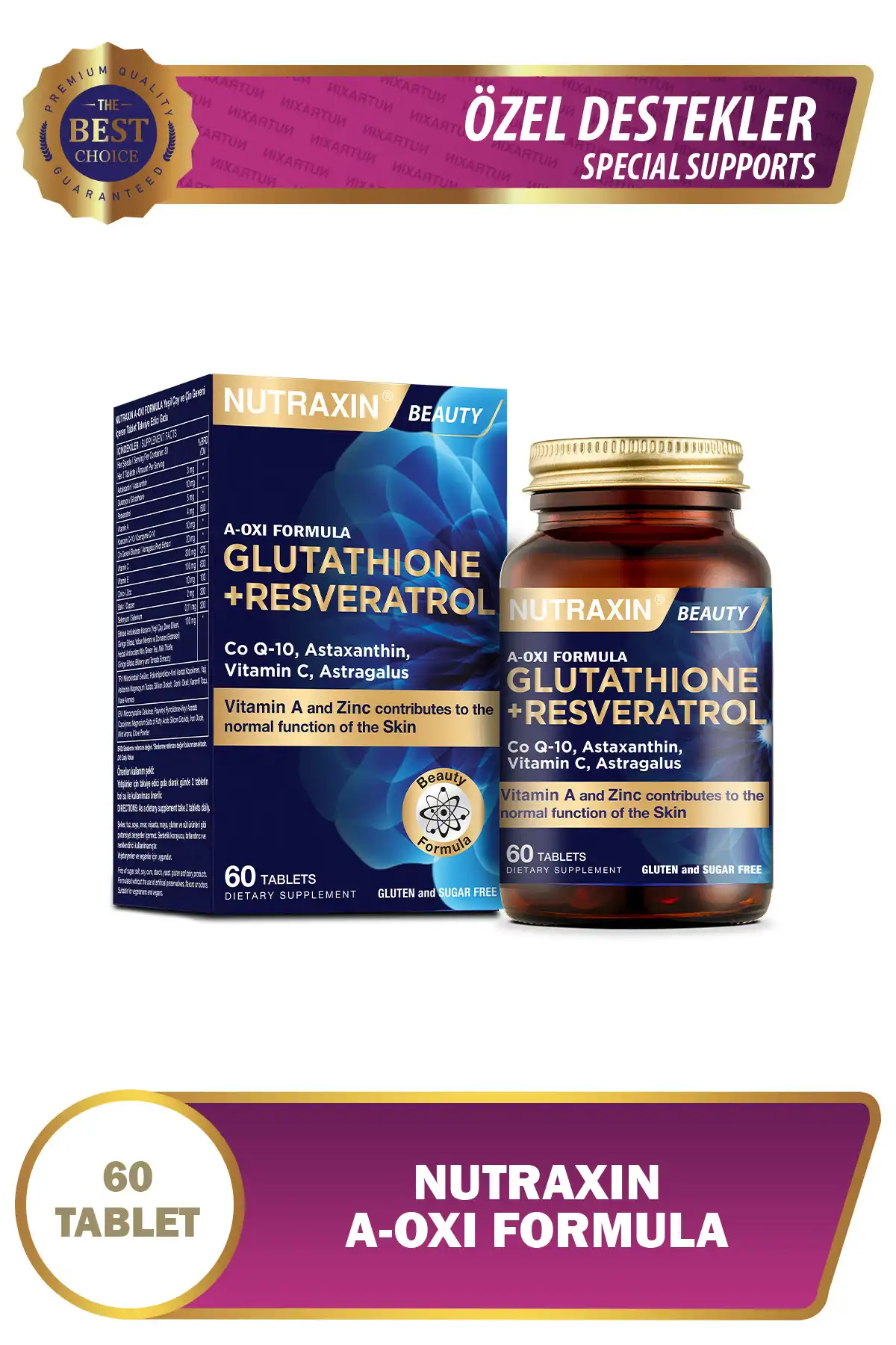 فرمول Nutraxin A-Oxi Glutathione Resveratrol 60 قرص Astaxantin Q-10 مس سلنیوم برند   Nutraxin ( نوتراکسین ) 