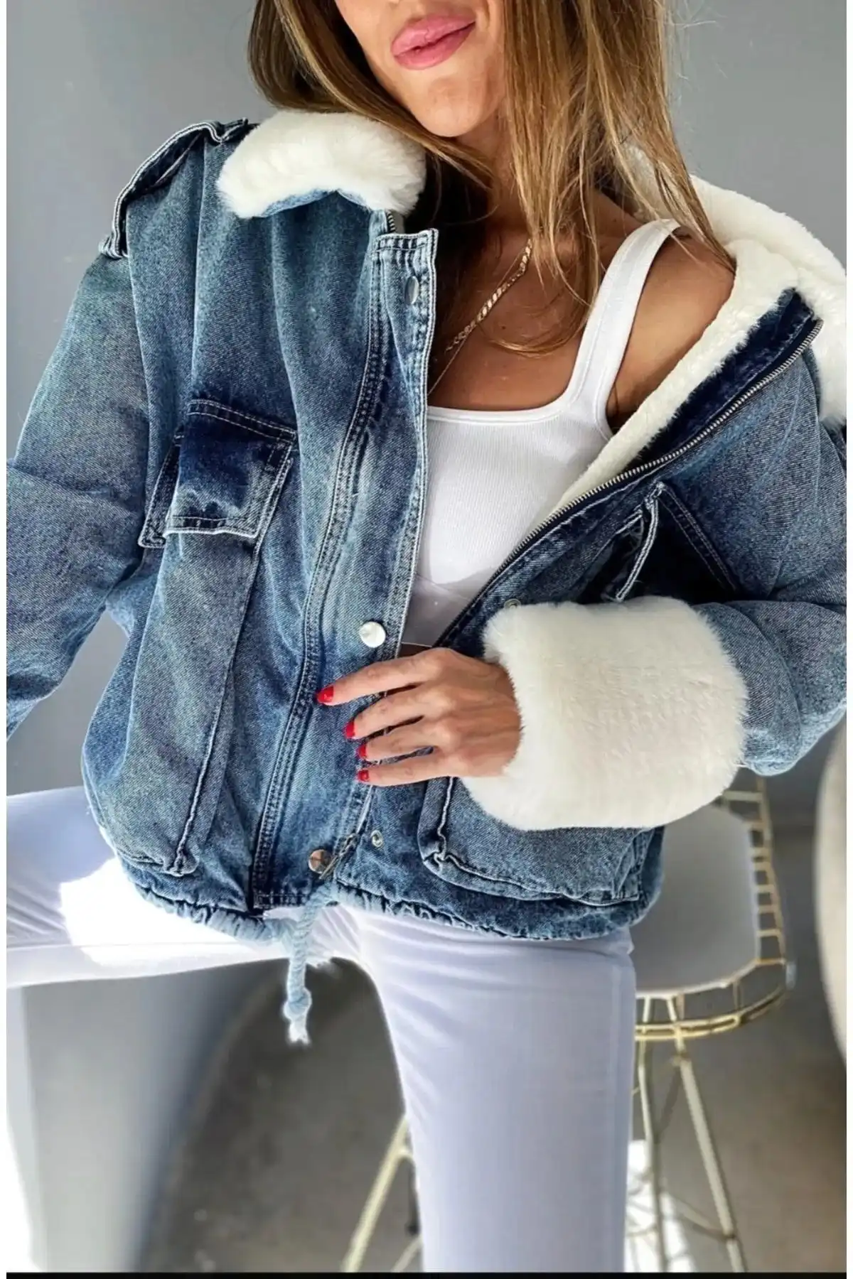 مانتو زنانه جین خز سفید زنانه برند   SAGİ JEANS(SAGİ JEANS) به رنگ  آبی