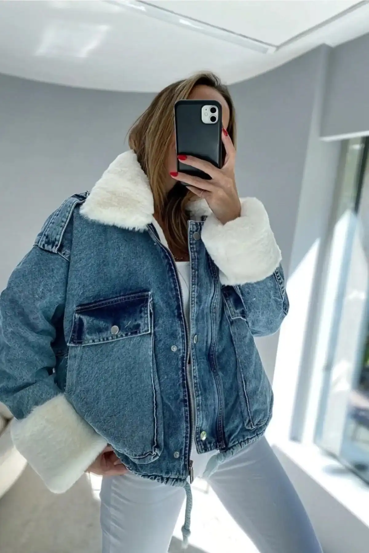 مانتو زنانه جین خز سفید زنانه برند   SAGİ JEANS(SAGİ JEANS) به رنگ  آبی