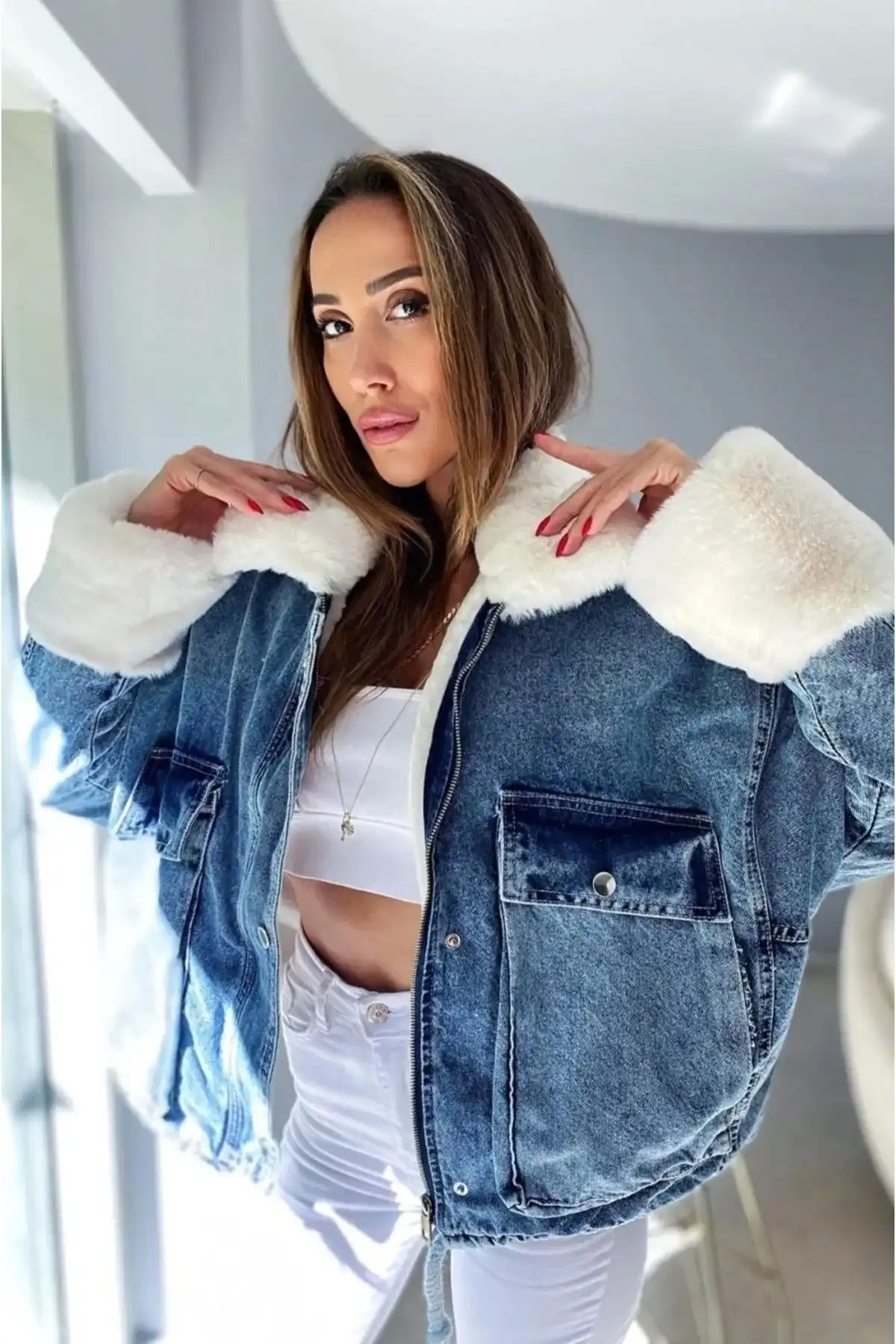 مانتو زنانه جین خز سفید زنانه برند   SAGİ JEANS(SAGİ JEANS) به رنگ  آبی
