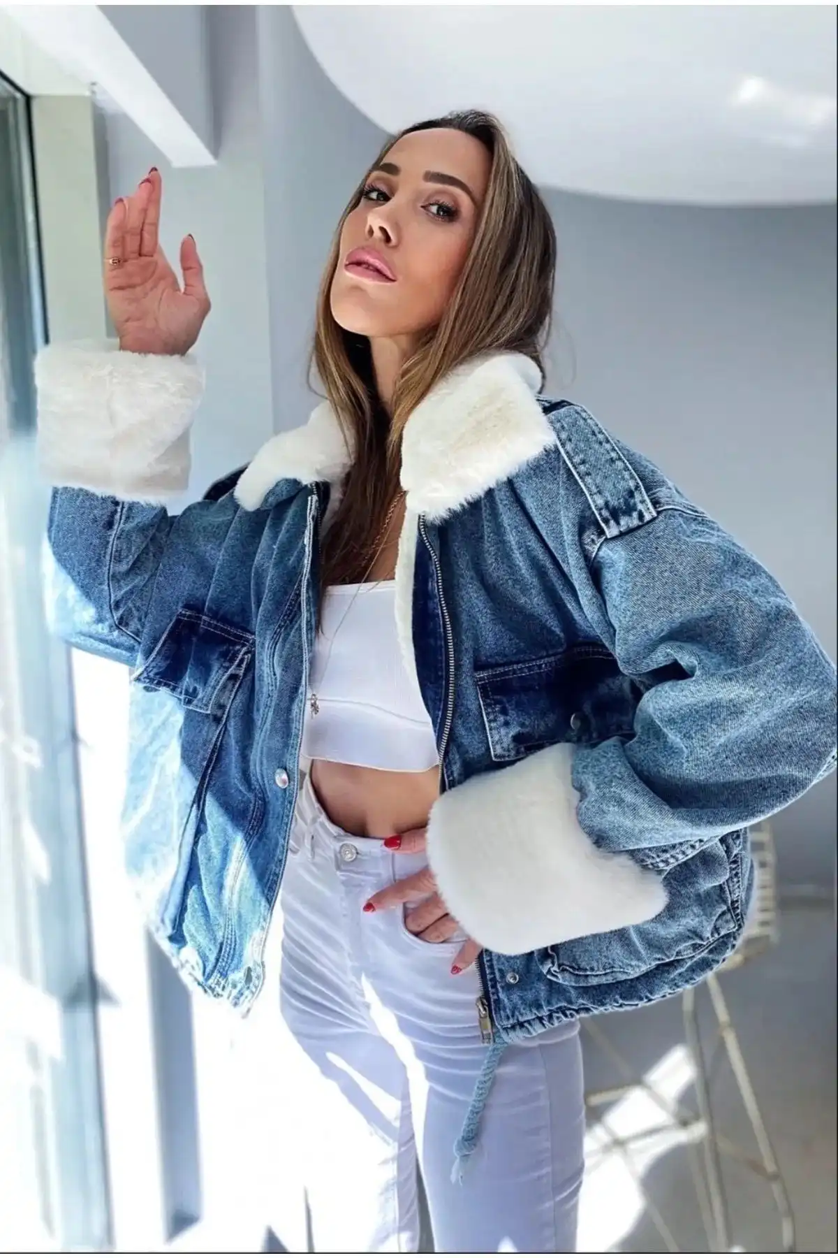مانتو زنانه جین خز سفید زنانه برند   SAGİ JEANS(SAGİ JEANS) به رنگ  آبی