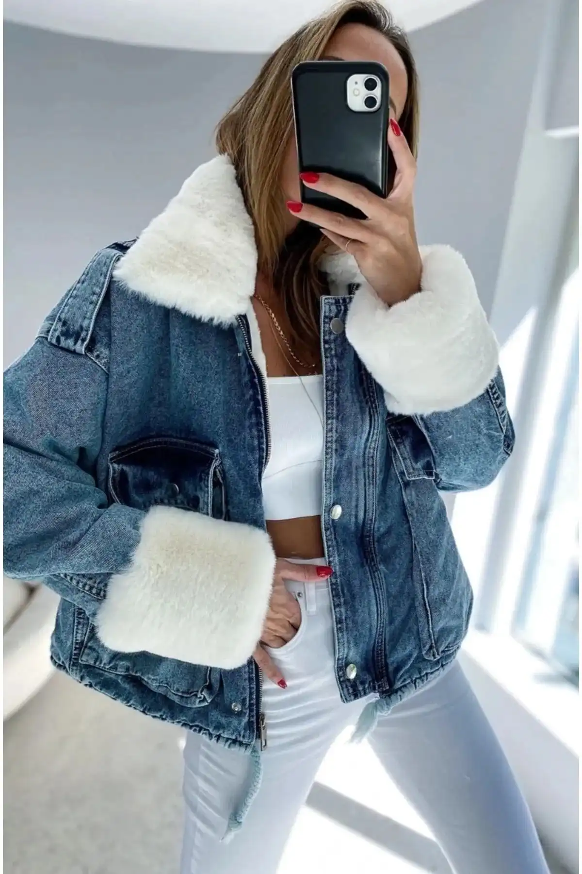 مانتو زنانه جین خز سفید زنانه برند   SAGİ JEANS(SAGİ JEANS) به رنگ  آبی
