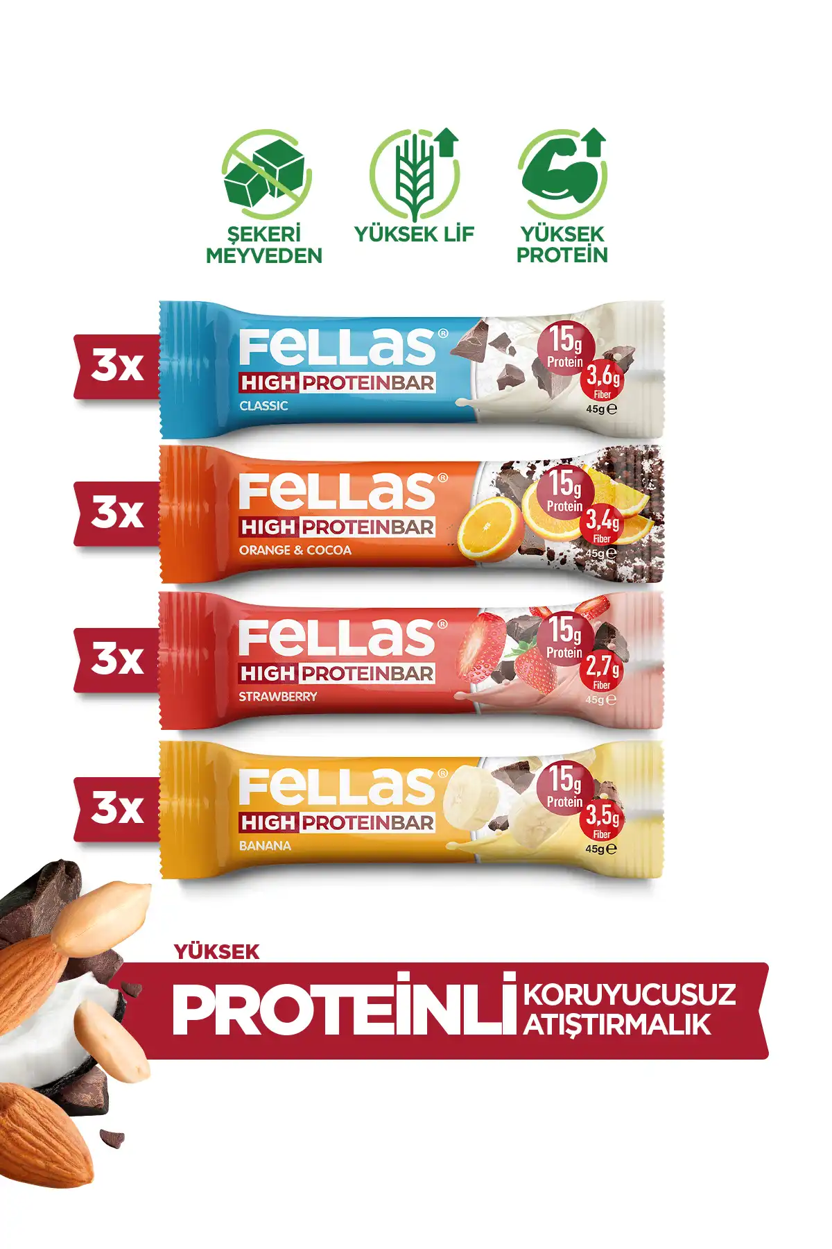 FELAS HIGH PROTEIN BAR 45G جعبه مخلوط 12 قطعه (4 نوع) برند  Fellas ( کله ) 