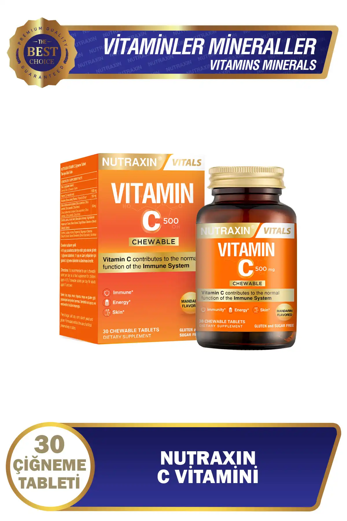 Nutraxin ویتامین C 500 میلی گرم 30 قطعه قرص جویدنی برند   Nutraxin ( نوتراکسین ) 