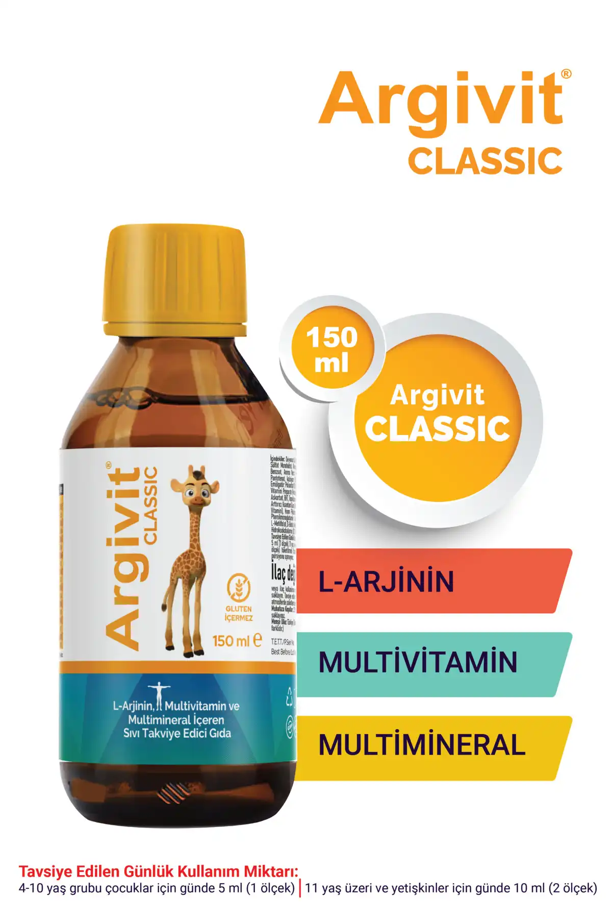 Argivit Classic L -arjinin ، Multivitamin و Multiminariral Liquid 150 میلی لیتر - نارنجی و وانیل برند   Argivit ( آرژیویت ) 