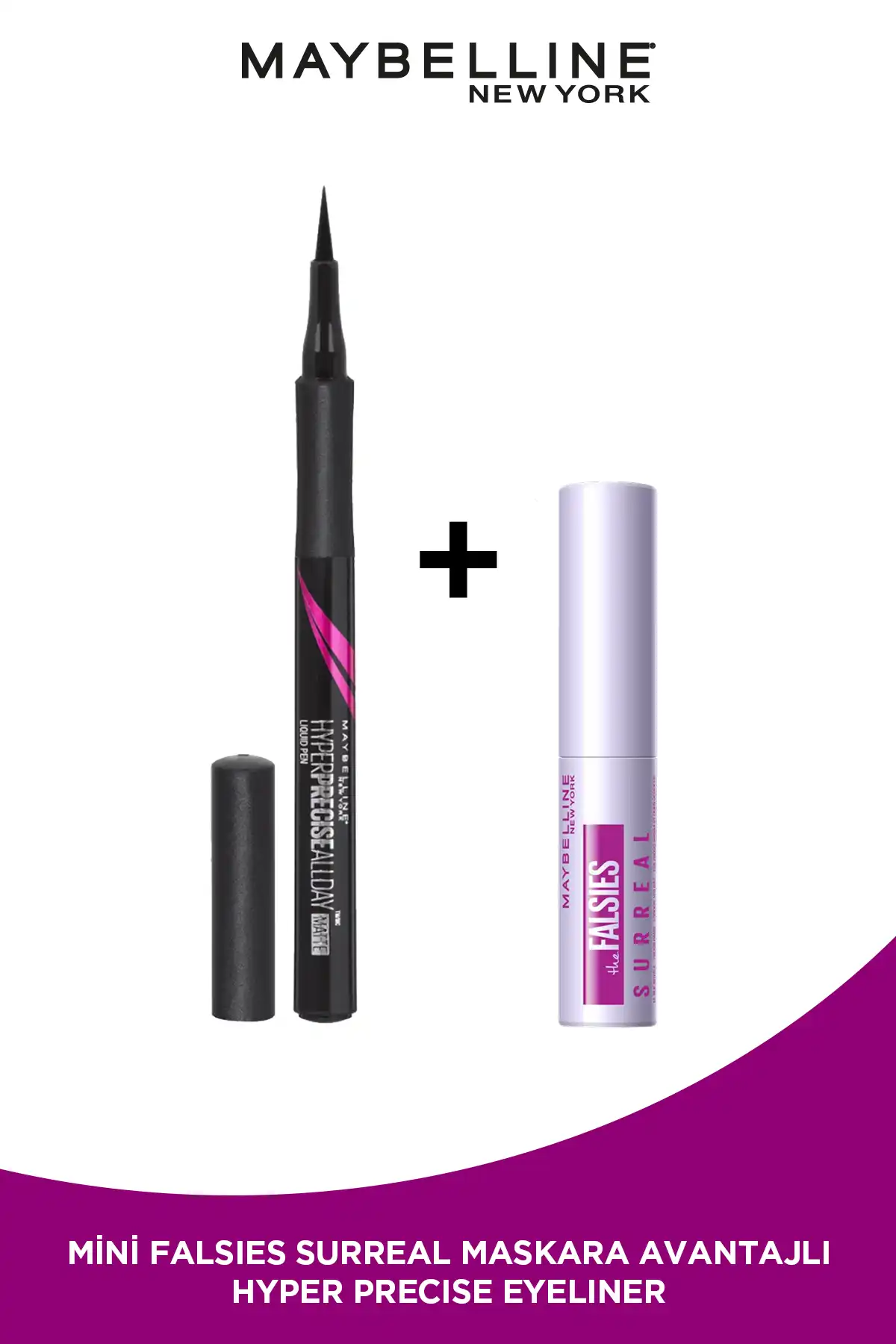 خط چشم مشکی مات تمام روز Hyper Precise 701 + مجموعه مفید ریمل مشکی مینی توتال وسوسه برند   Maybelline New York(میبلین نیویورک) به رنگ  سفید